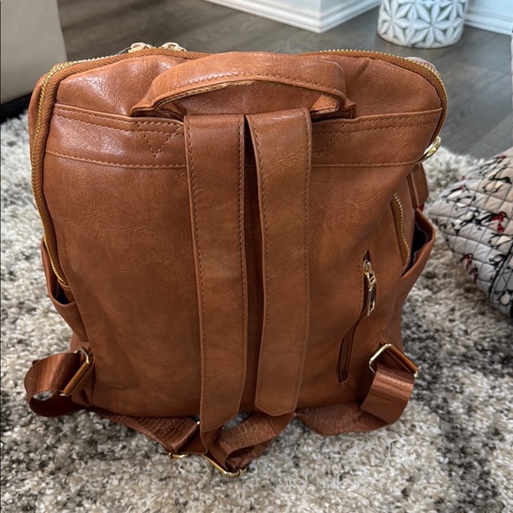 Tan Leather Backpack with Flag-Inspired Strap - Picture 2 of 3